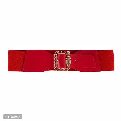 REDHORNS Fabric Women's Elastic Belt Adjustable Ladies Dress Waist Belt Free Size Skirt Belts Square Design Casual Thin Waistband Belt For Women (LD27RD_Red)-thumb0