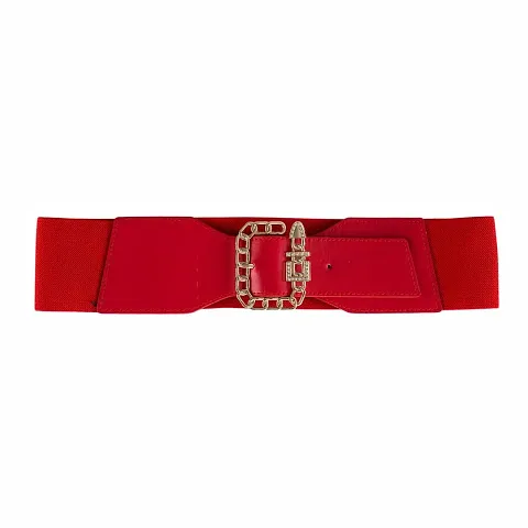 REDHORNS Fabric Women's Elastic Belt Adjustable Ladies Dress Waist Belt Free Size Skirt Belts Square Design Casual Thin Waistband Belt For Women (LD27RD_Red)