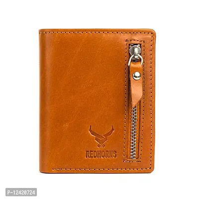 REDHORNS Stylish Genuine Leather Wallet for Men Lightweight Bi-Fold Slim Wallet with Card Holder Slots Purse for Men (WC-350F_Tan)