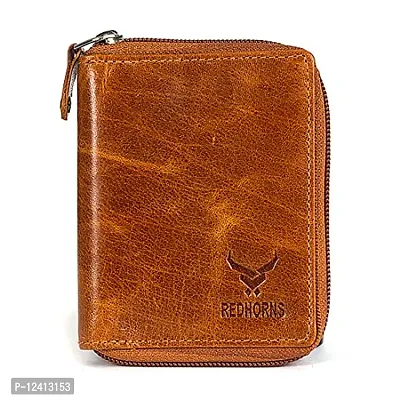 REDHORNS Genuine Leather Zipper Card Holder Money Wallet 16-Slot Slim Credit Debit Coin Purse for Men  Women (RD001F_Tan)-thumb0