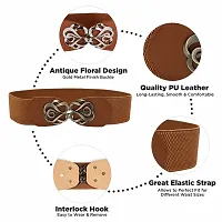 REDHORNS Fabric Elastic Ladies Designer Dress Belt Adjustable Women's Dress Waist Belt Free Size Skirt Belts Antique Floral Design Casual Thin Waistband Belt For Women (LD49B_Brown)-thumb1