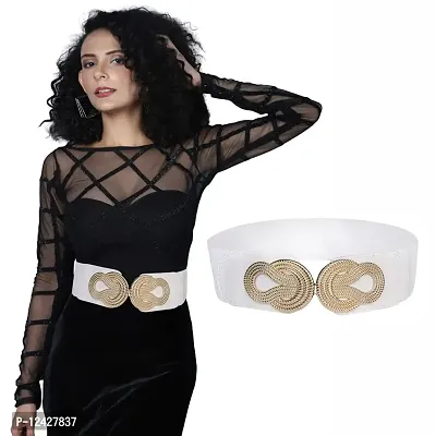 REDHORNS Elastic Fabric Waist Belt for Women Dresses Antique Tangle Design Stretchy Slim Ladies Belt for Saree Girls Jeans - Free Size (LD116J_White)-thumb4