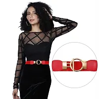 REDHORNS Elastic Fabric Waist Belt for Women Dresses Round Buckle Design Stretchy Wide Ladies Belt for Saree Girls Jeans - Free Size (LD33N_Red)-thumb1