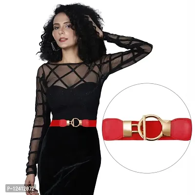 REDHORNS Elastic Fabric Waist Belt for Women Dresses Round Buckle Design Stretchy Wide Ladies Belt for Saree Girls Jeans - Free Size (LD33N_Red)-thumb2