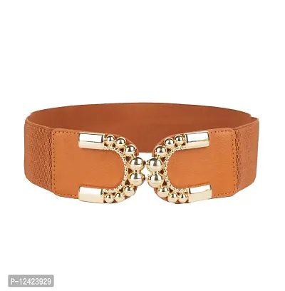 REDHORNS Fabric Elastic Waist Belt for Women Dresses Elegant C-Shaped Design Stretchy Wide Belt for Ladies Saree - Free Size (LD144F_Tan)-thumb0