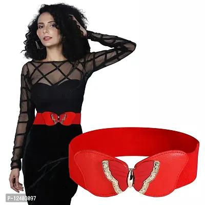 REDHORNS Elastic Fabric Waist Belt for Women Dresses Butterfly Design Stretchy Wide Ladies Belt for Saree Girls Jeans - Free Size (LD83N_Red)-thumb5