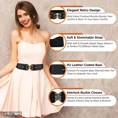 REDHORNS Elastic Fabric Waist Belt for Women Dresses Elegant Retro Design Stretchy Wide Ladies Belt for Saree Girls Jeans - Free Size (LD84A_Black)-thumb2