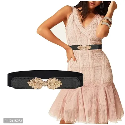 REDHORNS Elastic Fabric Waist Belt for Women Dresses Vintage Peacock Design Stretchy Slim Ladies Belt for Saree Girls Jeans - (LD45-1A_Black)-thumb0