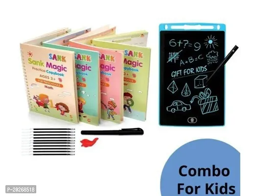 KAVARI ENTERPRISE-Stationary Combo Magic Practice (4 Book+ 10 Refill + 1 Pen + 1 Grip) Set Practical Reusable Writing with LCD Writing Pad Board Slate Drawing Tablet .