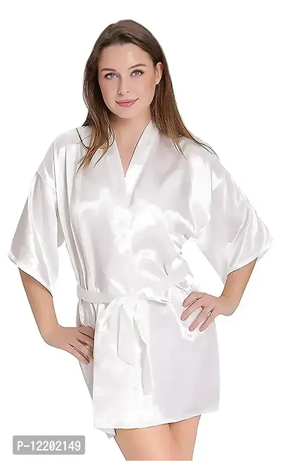 FEIJOA Women Satin Kimono Robe Nighty Nightwear White