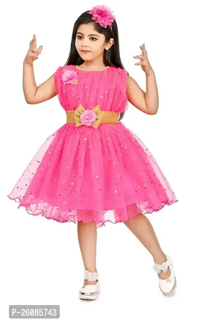 Stylish Pink Net Embellished Fit And Flare Dress For Girls