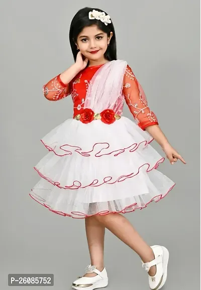 Stylish White Net Embellished Fit And Flare Dress For Girls-thumb0