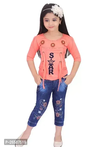 Fabulous Peach Cotton Blend Printed Clothing Set For Girls-thumb0