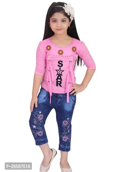 Fabulous Pink Cotton Blend Printed Clothing Set For Girls-thumb0