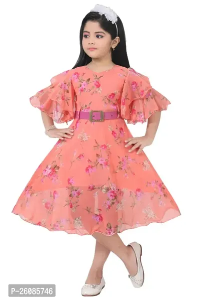 Stylish Peach Chiffon Printed Fit And Flare Dress For Girls-thumb0