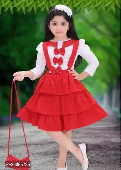 Stylish Red Cotton Blend Solid Fit And Flare Dress For Girls