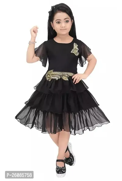 Stylish Black Cotton Blend Embellished Fit And Flare Dress For Girls