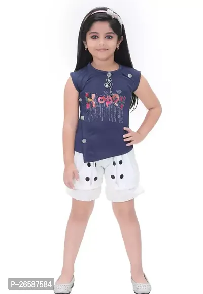 Fabulous Navy Blue Cotton Blend Printed Clothing Set For Girls-thumb0