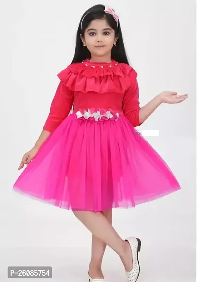 Stylish Pink Cotton Blend Embellished Fit And Flare Dress For Girls-thumb0