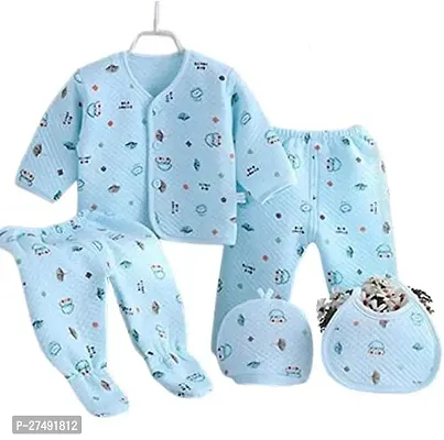 Mahi Enterprises Kids Newborn Baby Winter Wear Dress Suit Set 5 Pcs Pack 1-Pyjama 1-Legging 1-Vest 1-Bib 1-Cap 0-3 Months-thumb0