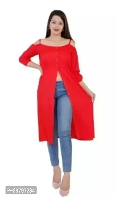 Stylish Red Cotton Solid Kurta For Women