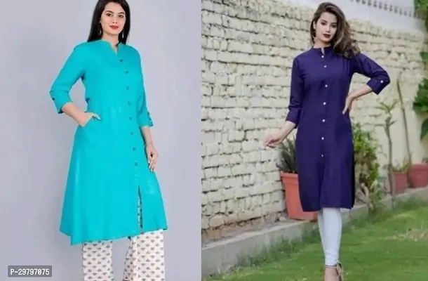 Stylish Multicoloured Cotton Solid Kurta For Women Pack Of 2-thumb0