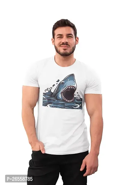 Aayansh CREATION Shark Attacking - White - Printed T-Shirts -Abstract Funny Thoughtful Creative Illustrations - Men's Stylish Clothing - Cool tees for Boys-thumb0