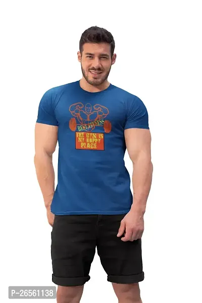 Classy Creation The Gym is My Happy Place, (BG Orange), Round Neck Gym Tshirt (Blue Tshirt) - Clothes for Gym Lovers - Suitable for Gym Going Person-thumb0