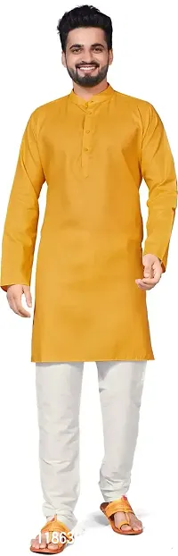 5Stitch Presents Men's Ethnic Kurta in S Size in Yellow Color with Full Sleeves and Button Closure with Round Henley-Collared Pattern Neck for Ethnic