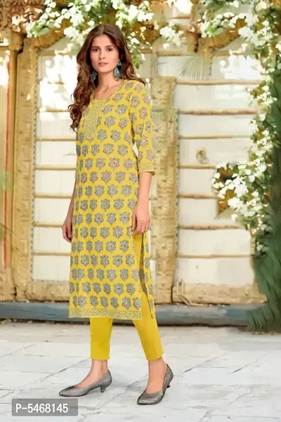 Digital printed stylish designer Heavy crepe Yellow kurti for women,girls Fashionable Geometric print kurti for women-thumb0