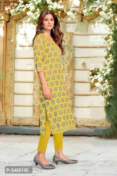 Digital printed stylish designer Heavy crepe Yellow kurti for women,girls Fashionable Geometric print kurti for women-thumb3