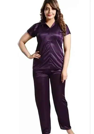 Womens Solid Satin night suit (Purple)