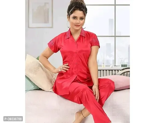 Stylish Red Satin Night Suits For Women-thumb0