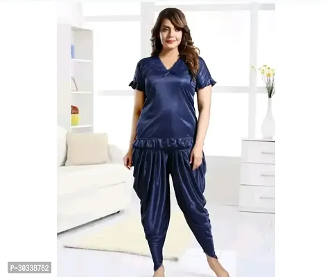 Stylish Blue Satin Night Suits For Women-thumb0