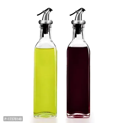 Glass Oil Dispenser Bottle for Kitchen | Stainless Steel Leak-Proof Cork | Transparent Oil Pourer and Holder 500ml (Combo Pack of 2)-thumb0