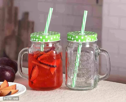 Mason Jar 500 ML Glass Jar with Lid and Straw Multicolour Mugs with Handle, Regular Mouth, Colorful Lids with Reusable Straw Beverages Glass Air Tight Clear (Pack Of 2)-thumb0