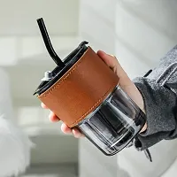 Reusable Sipper Coffee Mug with Leather Sleeve with Silicone Straw - Tea and Coffee Glass Sipper Tumbler Mug, Soda Cococola, Fruit Juice, Milk Mug with Straw Transparent, (Lether Mug - 1 pcs)-thumb1