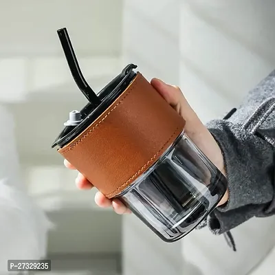 Reusable Sipper Coffee Mug with Leather Sleeve with Silicone Straw - Tea and Coffee Glass Sipper Tumbler Mug, Soda Cococola, Fruit Juice, Milk Mug with Straw Transparent, (Lether Mug - 1 pcs)-thumb2