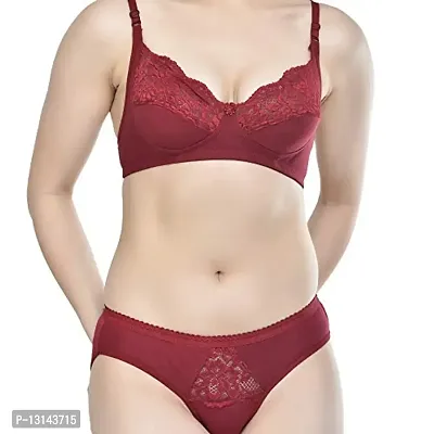 Pretty Bebo Trendy Designed Girls  Women Bra  Panty, Solid-Colored, Cotton-Blended, Full-Coverage, Party, Wedding, Casual, Occasional  Daily Wear Lingerie Set (38, Maroon)-thumb2