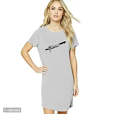 Stylish Grey Cotton Blend Printed T-shirt Dress For Women-thumb0