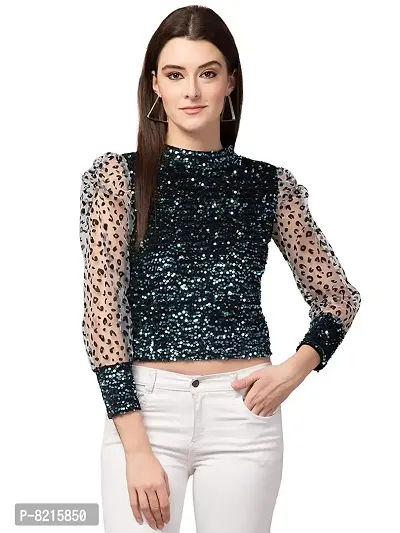 LLL FASHION Puff Sholuder Net Squence Top for Women