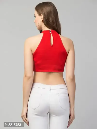 LLL FASHION Ribbed High-Neck Solid Red Crop Top for Women