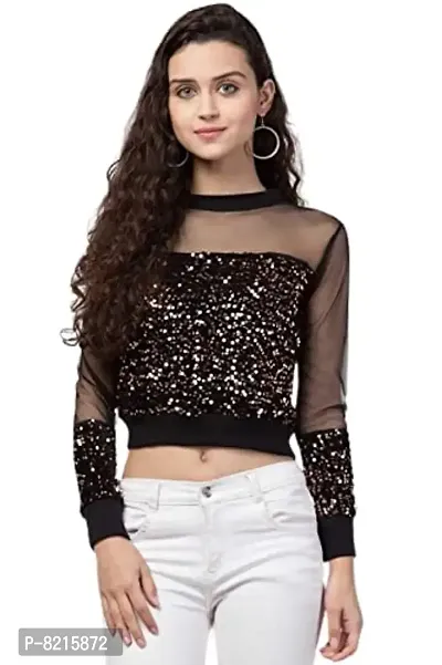 LLL FASHION Sequence Crop Net top for Women's Sparkle Regular Fit Stylish Top | Golden, S