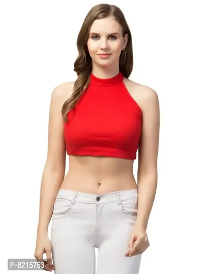 LLL FASHION Ribbed High-Neck Solid Red Crop Top for Women-thumb2