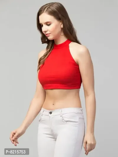 LLL FASHION Ribbed High-Neck Solid Red Crop Top for Women-thumb4