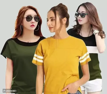 Elegant Multicoloured Cotton Blend Solid Tshirt For Women Pack Of 3-thumb0