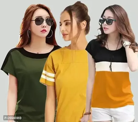 Elegant Multicoloured Cotton Blend Solid Tshirt For Women Pack Of 3-thumb0