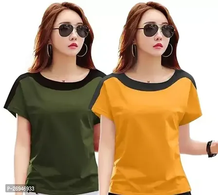Elegant Multicoloured Cotton Blend Colourblocked Tshirt For Women Pack Of 2