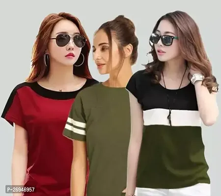 Elegant Multicoloured Cotton Blend Solid Tshirt For Women Pack Of 3-thumb0