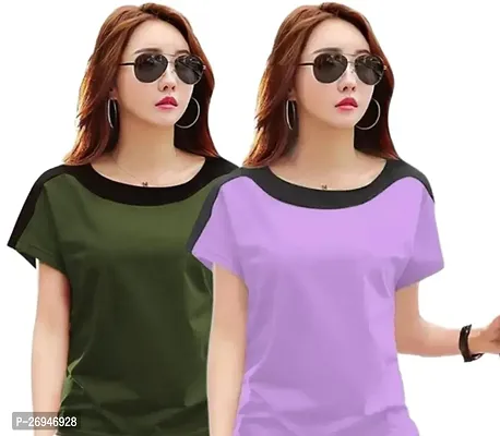 Elegant Multicoloured Cotton Blend Colourblocked Tshirt For Women Pack Of 2